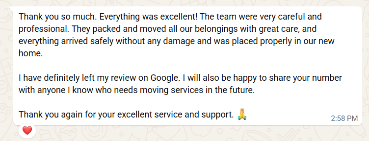Original WhatsApp feedback screenshot from Meltem Ulu after a GulfNest residential move