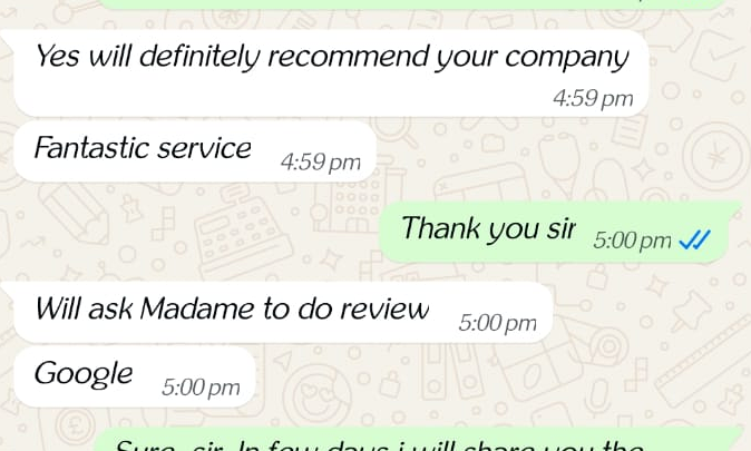 Original WhatsApp feedback screenshot from Mr. Grant after a GulfNest residential move from JVC to Arjan, Dubai