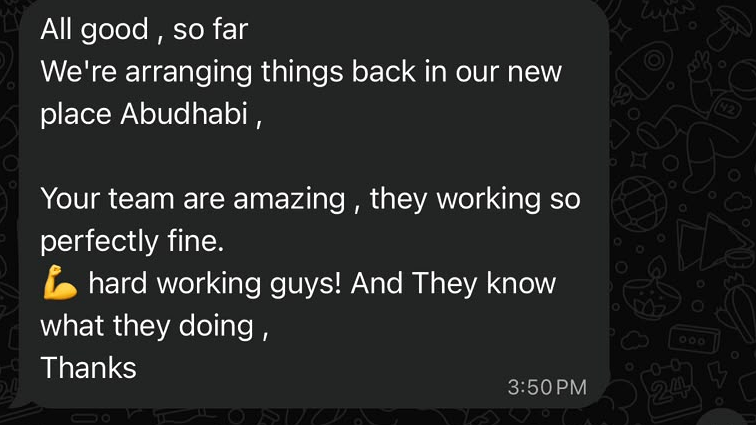 Original WhatsApp feedback screenshot from Ms. Indah after a GulfNest move from Sustainable City to Abu Dhabi