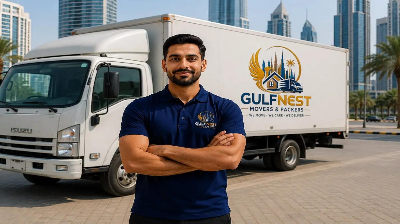 GulfNest branded moving truck fleet in Dubai
